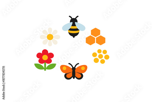 Bee, Butterfly, Flowers, and Honeycomb Illustration