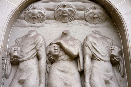 Close-up of Felix and Regula stone fountain at Swiss city of Zürich on a winter day. Photo taken January 11th, 2026, Zurich, Switzerland.