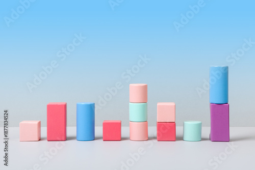 Colored blocks in form of graphical steps up of business growth process, start-up, business goals management, sustainable financial plan. Action plan, profit, economic improvement concepts