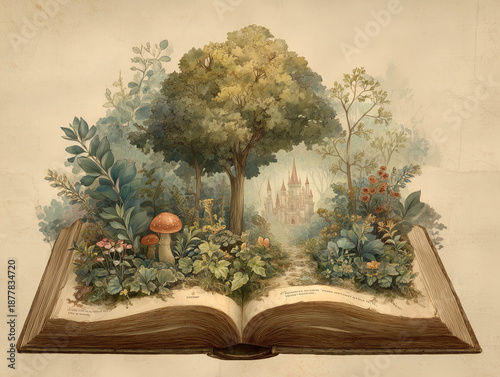 Open Book and Magic Castle in Fairy Tale Forest, illustration