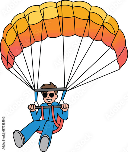 Paragliding adventure, cartoon illustration, skydiving sport, colorful parachute, extreme activity, flying man, outdoor recreation, isolated vector, design, fun travel concept