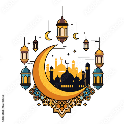 Illuminated crescent moon with mosque and lanterns Vector