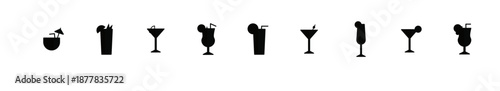 Beverages or drinks icon set, glass, coconut, mineral water, tea, coffee, beer, soda can, juice, cup, cocktail. Vector illustration.