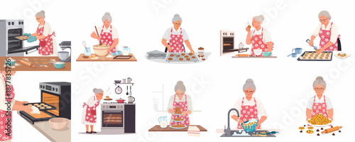 Grandmother Baking Cookies: A Complete Illustrated Sequence of Mixing, Baking, Cooling, Serving, and Cleaning Up in the Kitchen.