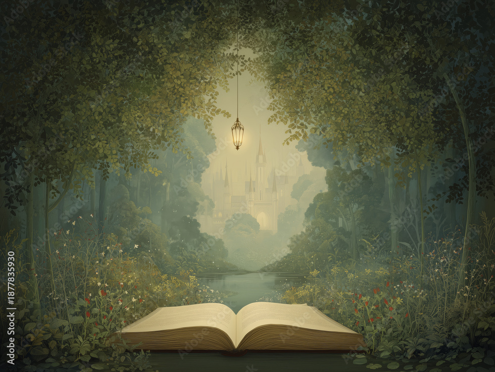 Fototapeta premium Open book with magical fairytale world, castle and trees, storytelling and imagination concept, surreal artistic illustration