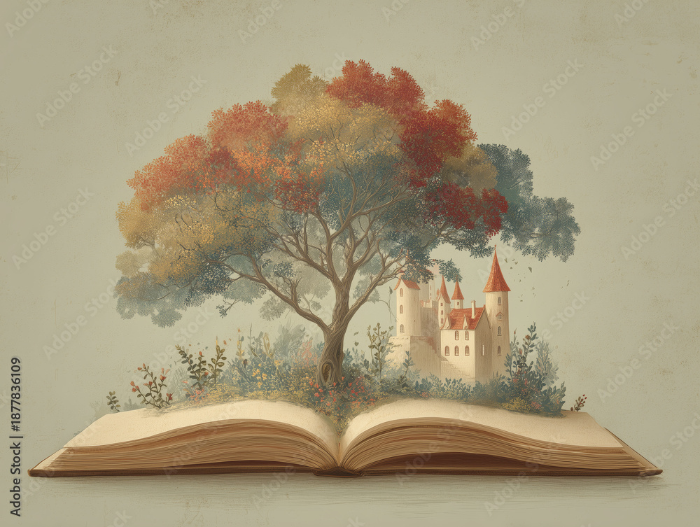 Obraz premium Open book with fairy tale castle and nature, storytelling concept, imagination and dreamy. Creative fantasy illustration, watercolor art