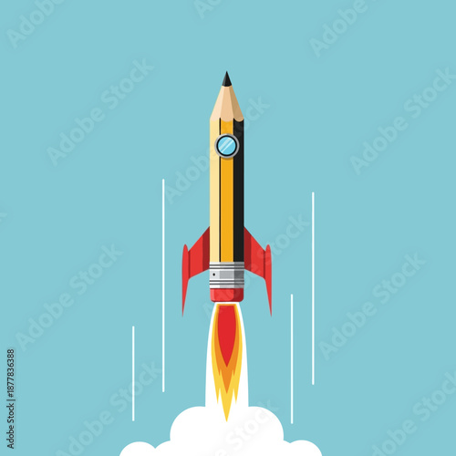Pencil Rocket Launching Upwards on Blue Sky Background