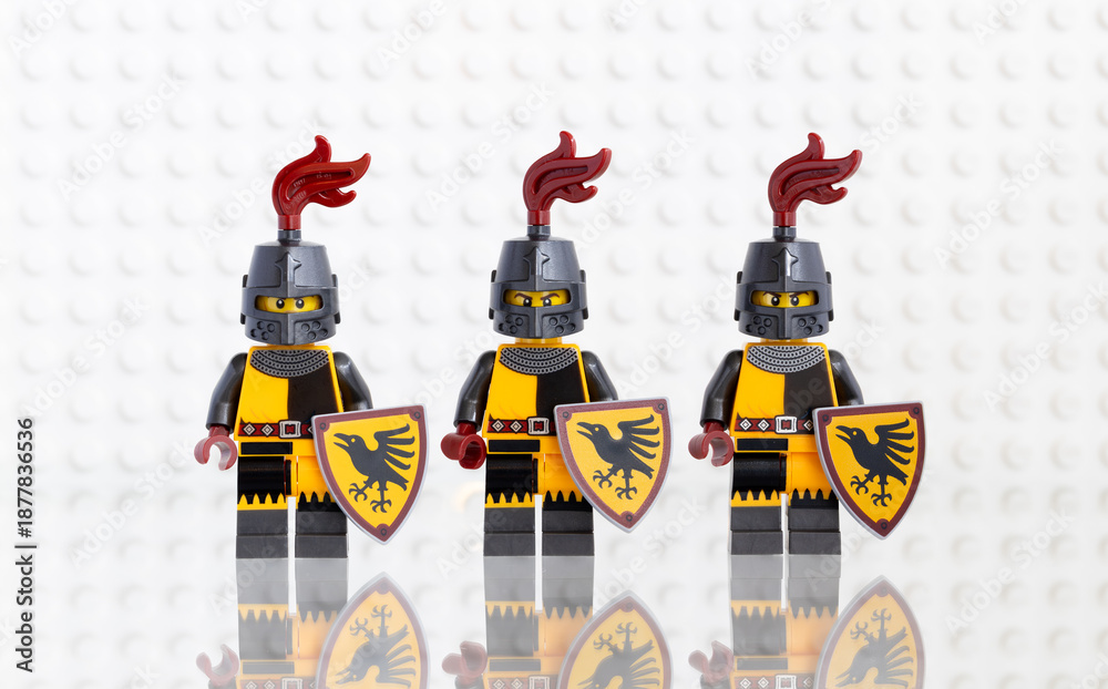 Fototapeta premium Dortmund - Deutschland 14. Januar 2026 Lego Minifiguren Ritter mit Schild - Studio Aufnahme