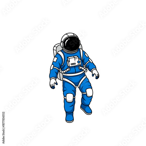 Astronaut in blue suit walking, isolated on white background, space exploration