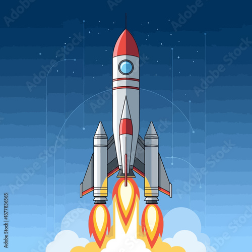 Rocket Launching into Space, Ignition, Stars Background, Flat Design
