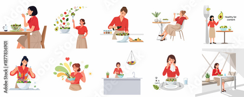 Vector illustration set depicting women preparing, mixing, dressing, and enjoying fresh, healthy salads as part of a balanced diet and conscious nutrition plan.
