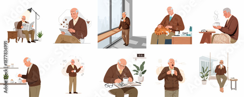 Collection of illustrations showing a senior man enjoying daily retirement activities like reading, using a tablet, petting a cat, and relaxing with coffee.