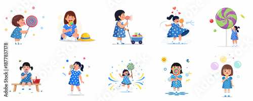 Adorable collection of a little girl in a blue polka-dot dress enjoying colorful lollipops and candy, illustrating childhood joy and sweet moments.