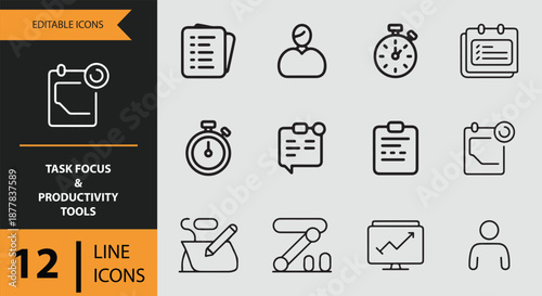 A set of 12 editable line icons representing task focus and productivity tools for business management