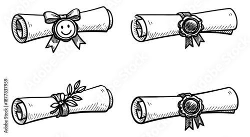 Hand drawn line art document scrolls set featuring decorative seals, ribbons, and a plant branch for education and achievement