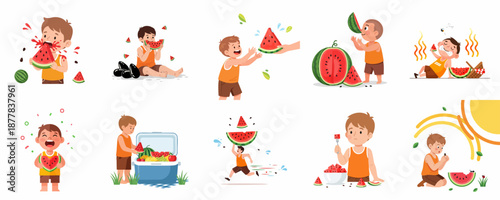 Set of cute illustrations showing a little boy enjoying summer watermelon activities like messy eating, picnics, sharing, and cooling down with fresh fruit.