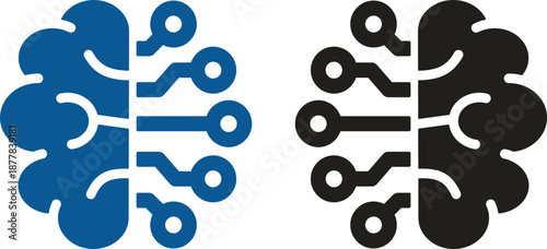 Artificial Intelligence and Circuit Icon set. AI Brain, Microchip, Digital Technology Symbols. Cognitive augmentation brain icon with human and circuit hemispheres.