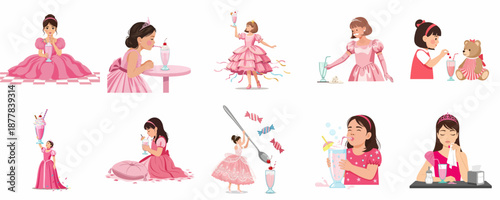 Pink Princesses and Milkshakes: A playful set of cartoon girls enjoying sweet desserts and dramatic fantasy moments in various poses.