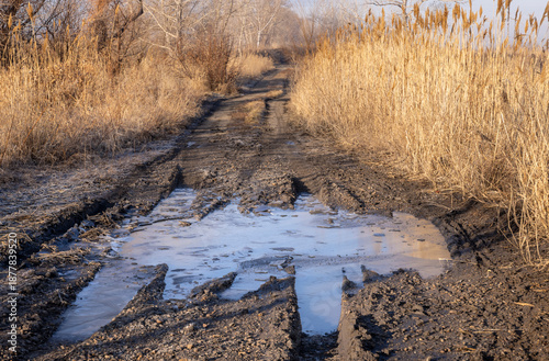 a dirt road in late autumn, covered with ice on a frosty morning
