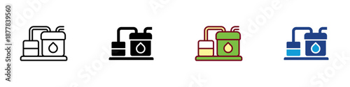 Distillation Multiple Style Icon Design Vector - Industrial tanks with piping system, representing separation process, purification, and chemical refinement