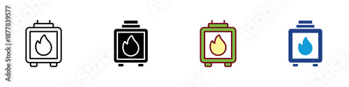 Combustion Multiple Style Icon Design Vector - Fuel container with flame symbol, representing energy release, burning process, and heat generation