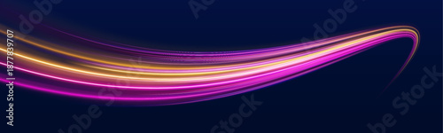 Glowing purple neon laser lines ripple along a city highway at night. Light trail waves, motion swirls, and energy lines highlight dynamic traffic and futuristic speed. Vector illustration.
