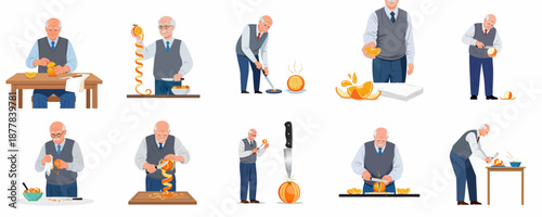 Vector illustration set showing a senior man preparing fresh oranges, including peeling, slicing, and cooking steps on a white background.