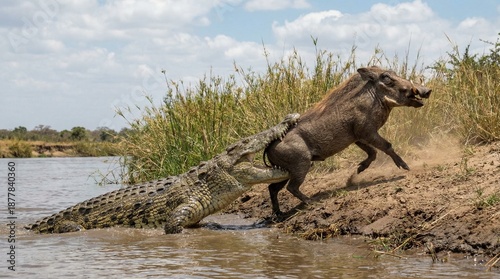 Crocodile attacking a warthog(狩りをするワニ)