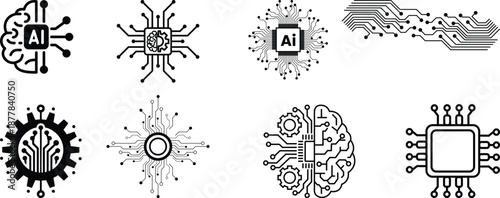 Artificial Intelligence and Circuit Icon set. AI Brain, Microchip, Digital Technology Symbols. Cognitive augmentation brain icon with human and circuit hemispheres.