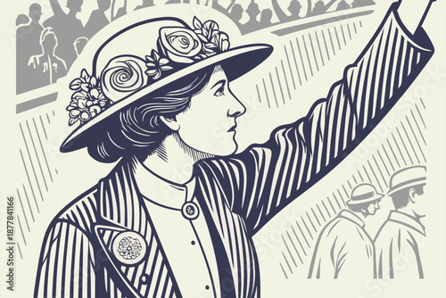  Vintage portrait, suffragette, early 20th century, floral hat, pinstriped jacket, brooch, raised fist, determined expression, profile view, black and white illustration, engraving style, crowd in b