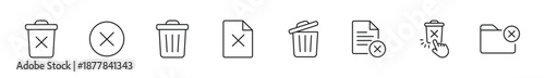 Delete Icon Set, Remove and Cancel Symbols, Trash Bin, Clear File and Folder Delete Icons, Outline and Solid Style, Vector Illustration