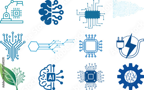 Artificial Intelligence and Circuit Icon set. AI Brain, Microchip, Digital Technology Symbols. Cognitive augmentation brain icon with human and circuit hemispheres.