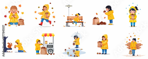 A cheerful girl in a yellow raincoat enjoying roasted chestnuts and autumn activities in the park, featuring set illustrations of seasonal joy and outdoor fun.