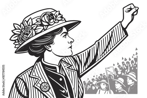  Vintage portrait, suffragette, early 20th century, floral hat, pinstriped jacket, brooch, raised fist, determined expression, profile view, black and white illustration, engraving style, crowd in b