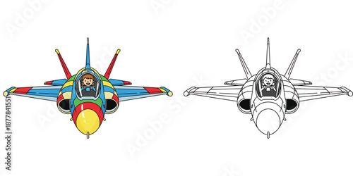 Cartoon jet fighter plane with pilot coloring book page vector illustration, colored and outline version isolated on white background for kids education and fun activity