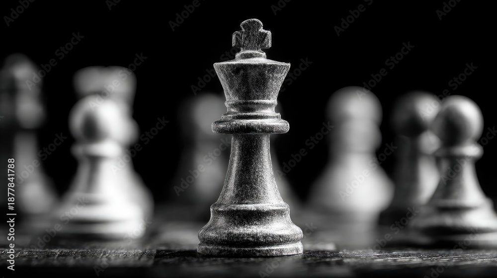 Fototapeta premium Chess king piece standing alone against many pawns, strategy and leadership concept, dramatic shadows, black and white 