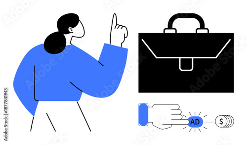 Advertising campaigns, business growth, digital marketing, e-commerce, online monetization, strategy. Female figure pointing up, briefcase finger pressing Ad button. Advertising campaigns