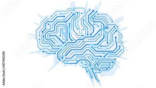 青い回路が張り巡らされたAI脳は、デジタルな情報の流れがきらめくと輝き、未来への革新と無限の可能性を感じさせます。高度な知性がピカピカと明滅して思考する様子は、最先端テクノロジー企業のWeb広告やプレゼン資料に最適で、見る人に技術の進化と希望を与えます。