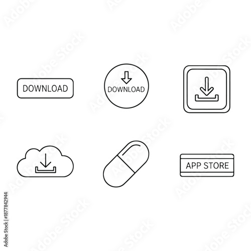 Digital Download Icons: A collection of various download and app store icons in a clean, minimal, and modern line art style, providing versatility for design projects.