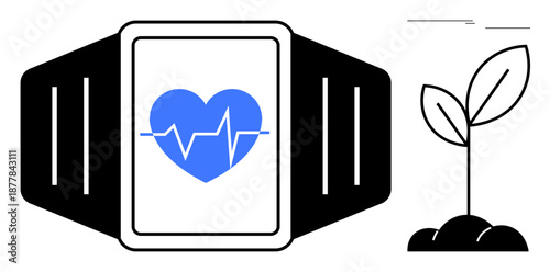 Heartbeat monitor on smartwatch with growing plant beside. Ideal for technology, health, wellness, sustainability, eco-friendly innovation, fitness, and modern lifestyle concepts. Simple flat