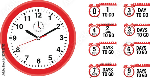 Commercial vector set featuring a large red analog clock and alarm clock countdown badges for sales from 0-9.