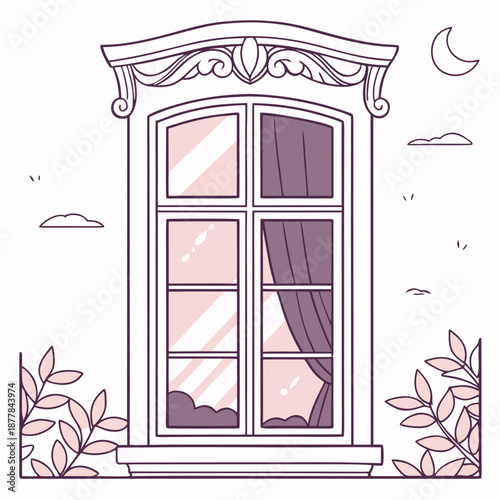 Illustrated window with curtains