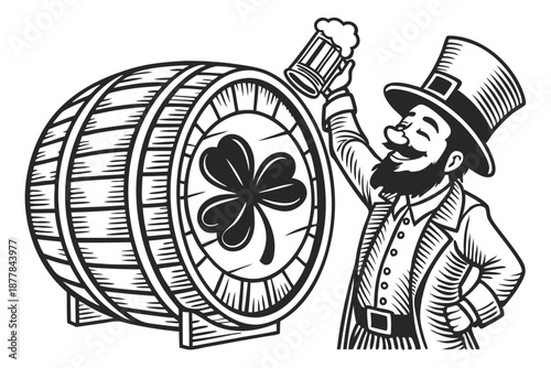  Vintage engraving style, jovial leprechaun, St. Patrick's Day, whiskey glass, wooden barrel, shamrock, top hat, detailed beard, cheerful expression, black and white illustration, woodcut texture, I