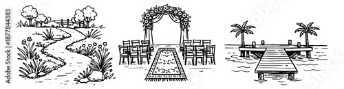 Hand drawn line art outdoor locations set featuring a garden path, a wedding arch setup, and a tropical pier for various events