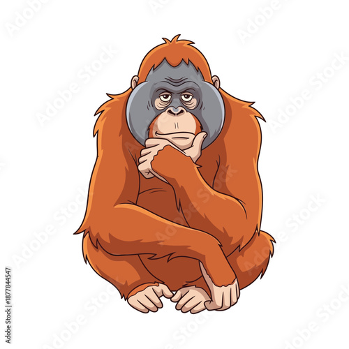Sad orangutan sitting alone with worried expression on face