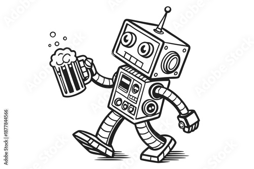  Retro robot holding beer mug, vintage illustration style, black and white sketch, angular design, square head, antenna, mechanical limbs, detailed engraving texture, cute expression, whimsical char