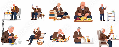 Collection of illustrations showing a senior man enjoying various cheese dishes, wine, and gourmet food during his leisure time.