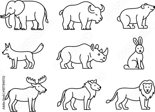 Line of various animals in a group line elephant buffalo