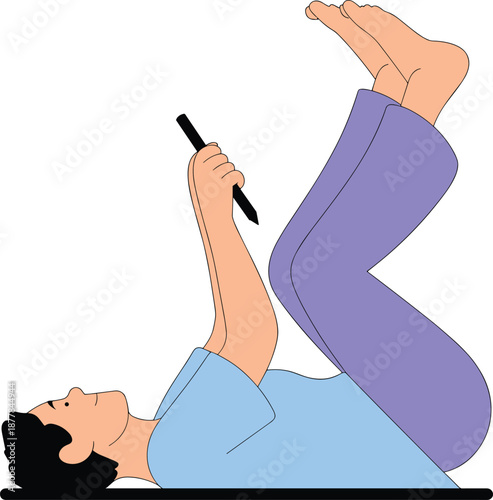 Man Lying Down Holding a Stylus Pen with Legs Up on White Background vector illustration