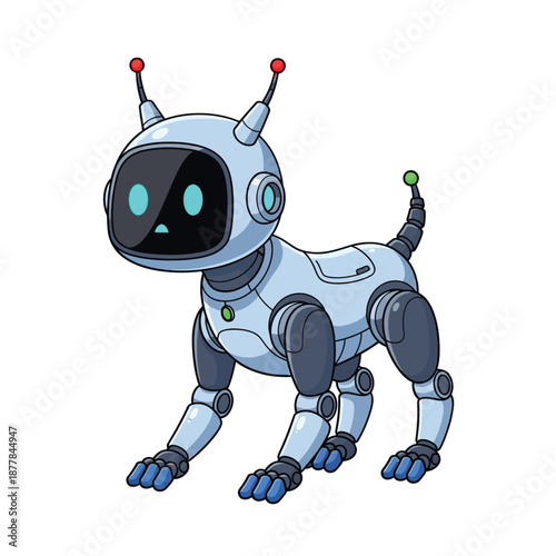 Cute robotic dog with glowing blue eyes and antennae standing on white background